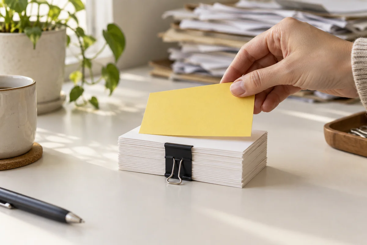 A hand places a yellow card on a neatly clipped stack of index cards.