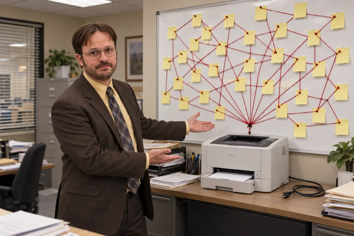 The System Thinker presents an elaborate string-and-sticky-note workflow beside a printer with its power cable unplugged.