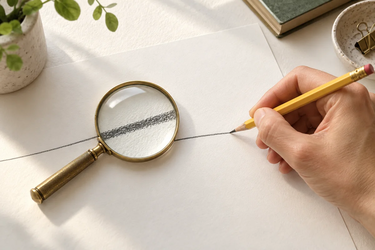 A hand draws with a yellow pencil as a magnifying glass enlarges the graphite line.