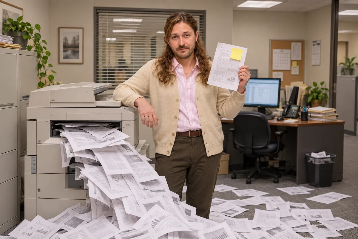 The Translator gives the camera a knowing look while choosing one page beside a copier spilling piles of paper.