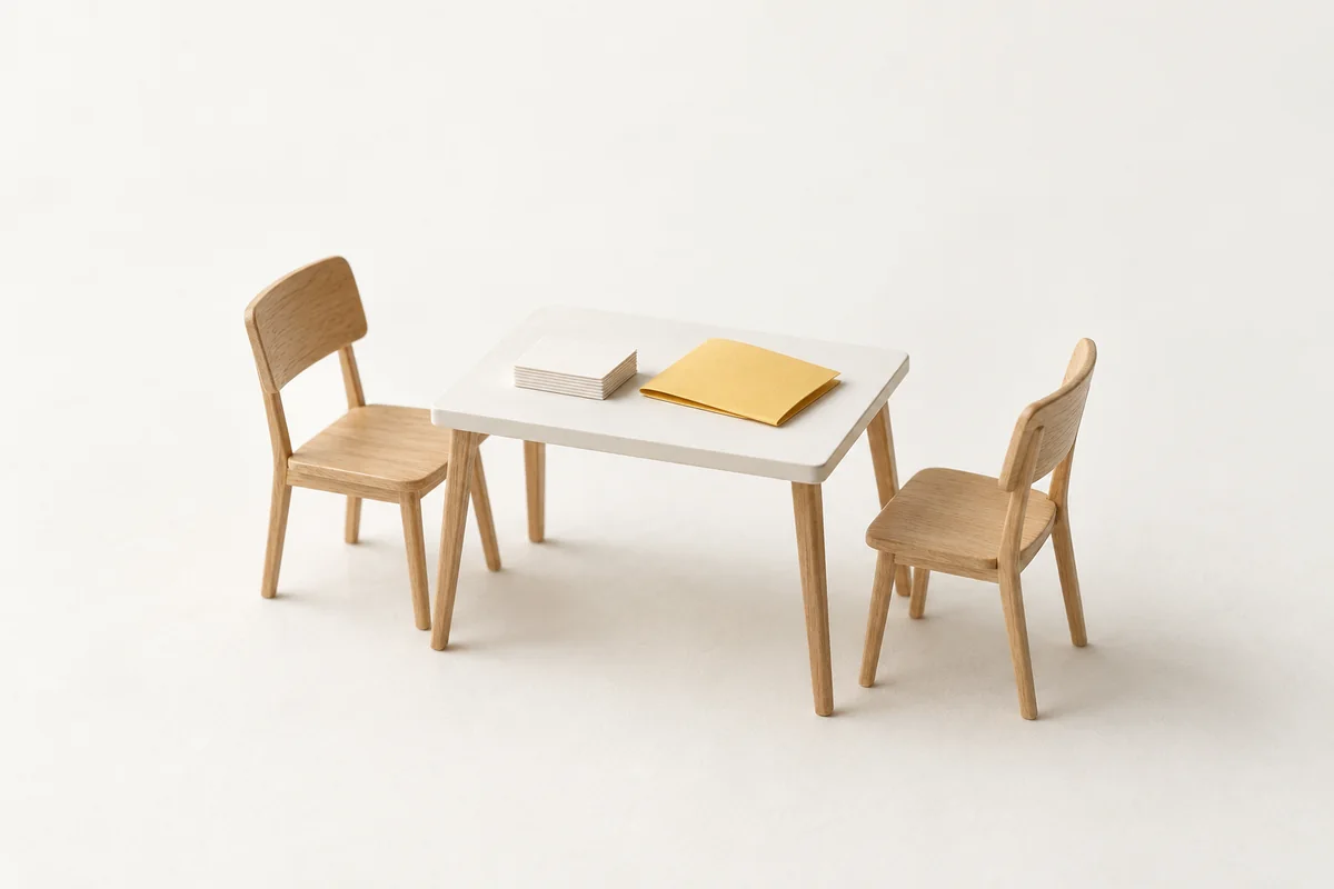 Two miniature wooden chairs face each other across a white desk with blank index cards and a yellow folder.