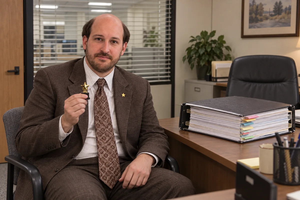 The Calm One sits with a huge evidence binder and a tiny gold-star trophy, giving the camera a dry look after a promotion conversation.