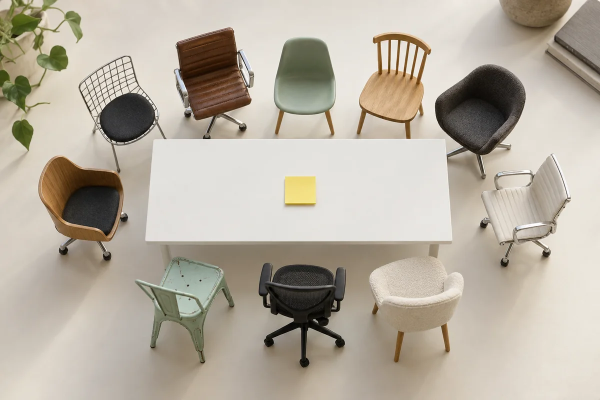 Ten different miniature chairs around one white meeting table with a yellow note.