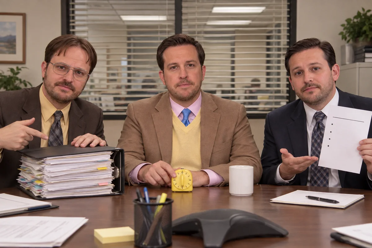 The People Person sits between two office alter egos with a giant binder, a one-page agenda and a tiny meeting timer.