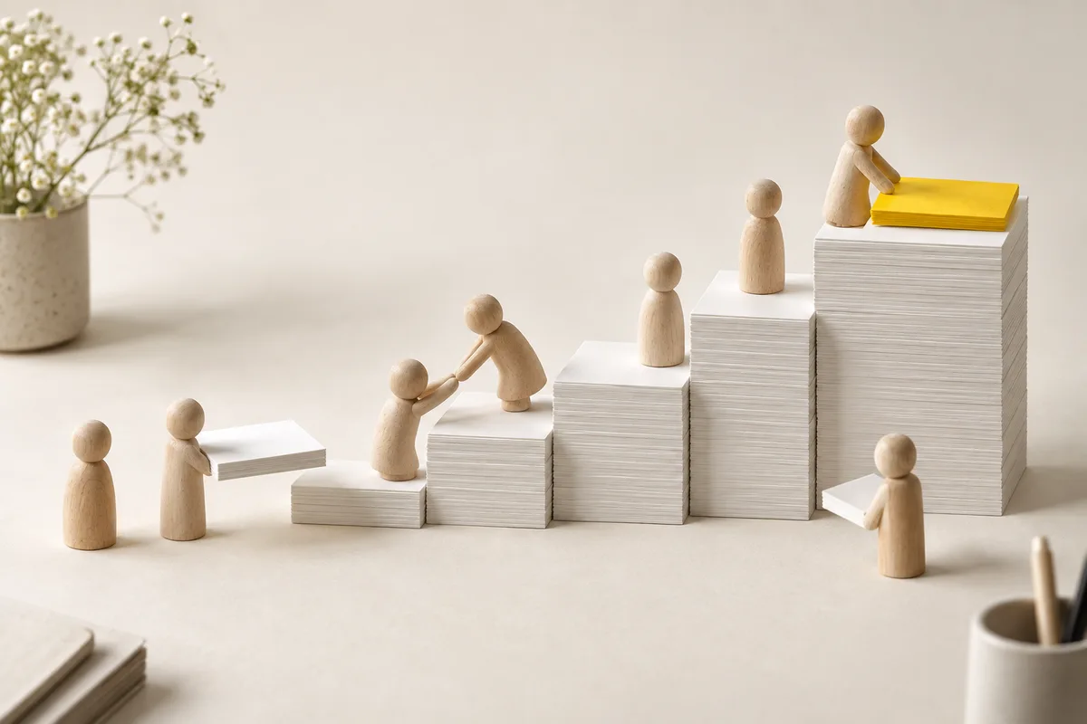 Eight wooden figures help one another beside a staircase of white index cards topped with yellow paper.