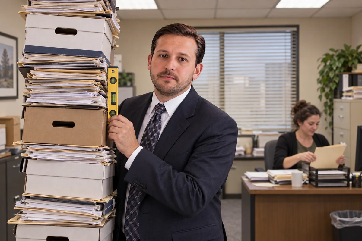 The Big Picture checks a towering stack of office files with a tiny spirit level while a colleague quietly organises the work.