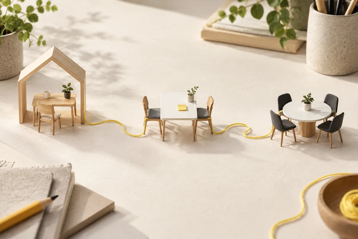 Three miniature workspaces, a home desk, a shared desk and an office meeting table, linked by a yellow thread.