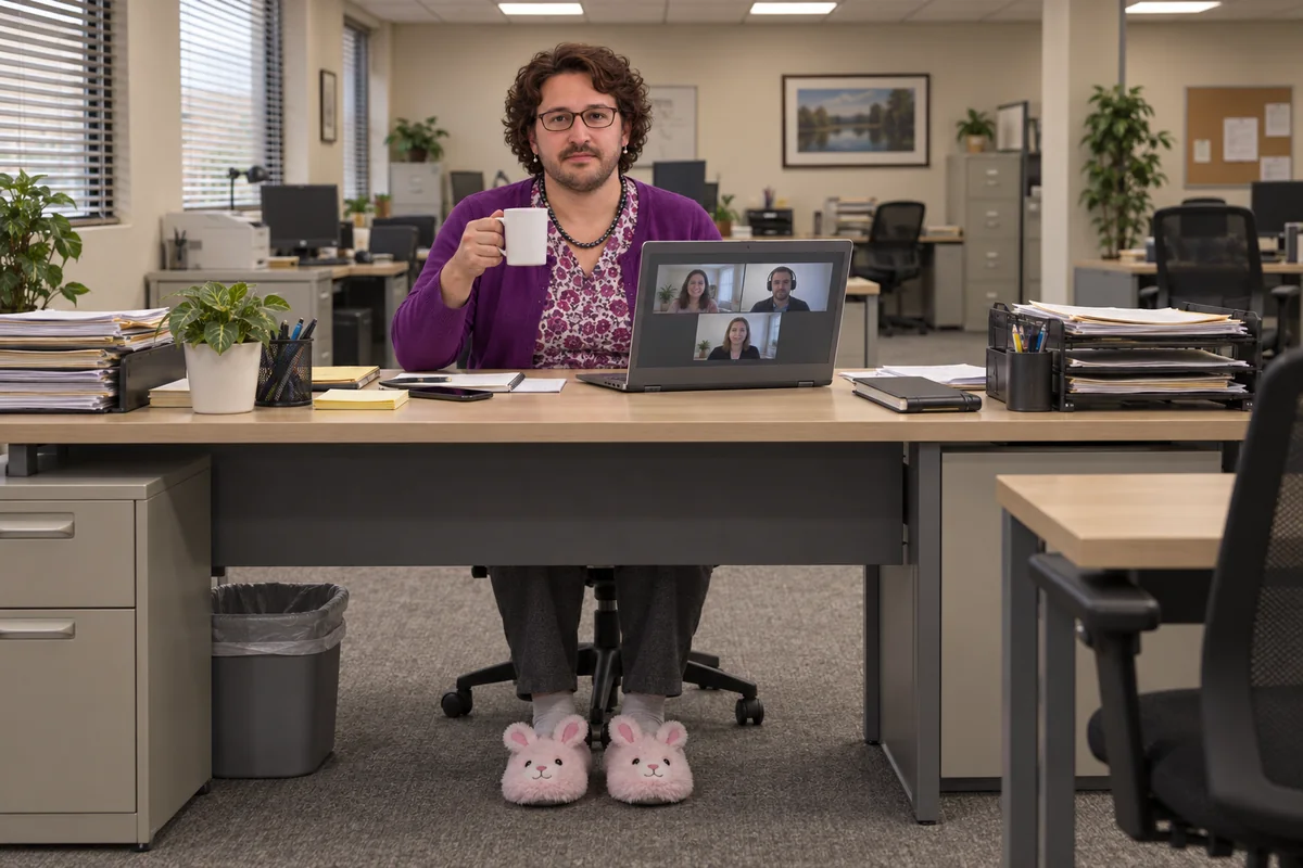 The Quiet Operator joins a video call from an empty office, dressed for work but wearing fluffy slippers under the desk.